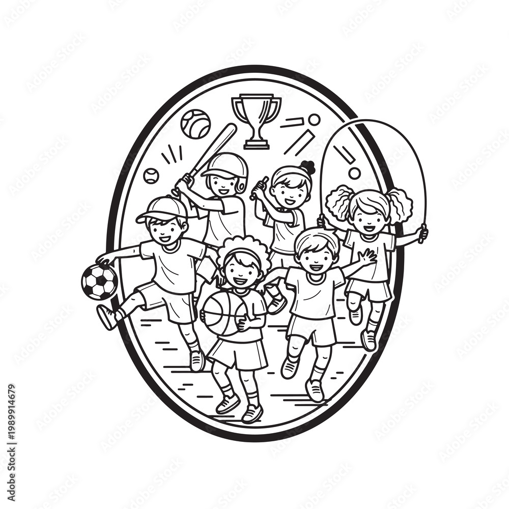 Fototapeta premium Children playing sports together, cartoon illustration with trophy and equipment.