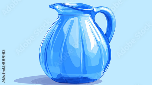 A clear, blue glass water pitcher with a handle, shadow, and a smooth, reflective surface