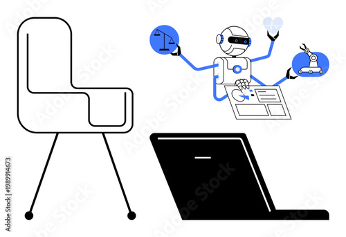 Artificial intelligence, multitasking, workspace innovation, automation, robotics, future work. Robot operating tools and laptop beside an office chair. AI and multitasking innovations concept