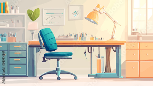 A brightly lit, minimalist office setup, featuring a desk, chair, lamp, storage, and natural light