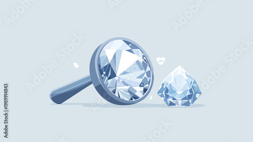 A clear, vector illustration showing a large magnifying glass inspecting a sparkling diamond