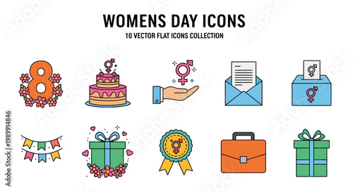 Women's Day icons set with cake, gift, flowers, briefcase and medal