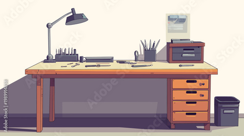 A tidy desk with tools, supplies, lamp, and drawers set against a light-colored wall