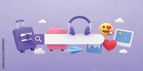 3D Travel Search Concept Illustration with Luggage Camera Headphones Emoji and Media Icons Around Blank Search Bar Background
