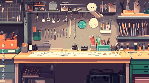 A detailed digital illustration of a workshop, tools hanging, workbench with items