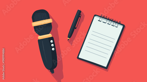 A red background with a microphone, pen, and notebook for recording