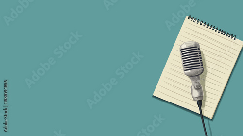 Illustration of a vintage microphone and notepad against a blue-green background
