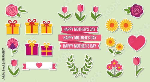 Colorful Mother's Day stickers with flowers and gifts on green background