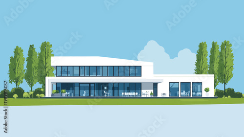 A modern, minimalist two-story building design with expansive glass windows and green trees