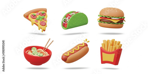 3D Fast Food Icon Set Featuring Pizza Taco Burger Noodle Bowl Hot Dog and French Fries for Restaurant Menu Applications and Online Delivery Services