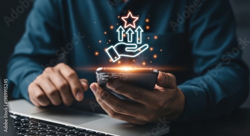 A person using a smartphone with a glowing digital icon of a hand holding a star and upward arrows, symbolizing business growth and success