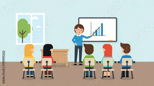 Teacher presenting a bar chart with business growth to a diverse audience. Education, corporate training, and data analysis concepts. Flat design animated illustration
