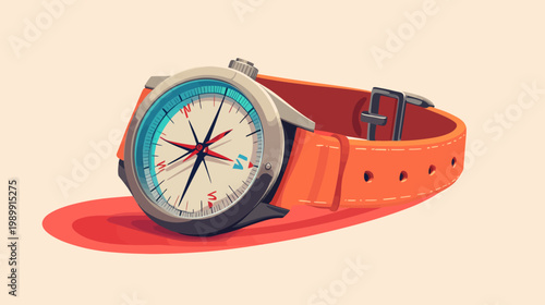 A stylized illustration features a watch with a compass face, resting on a flat, reddish surface