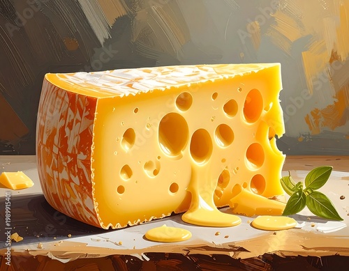 Cheese wedge, with holes, dripping on white surface. Artistic, painterly style, with basil garnish