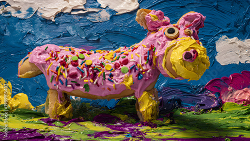 A child’s finger-painting come to life the donut-moose stands in a crayon-bright meadow, its body a swirl of pink frosting and rainbow sprinkles, blobs of paint still wet on its surface. Alfalfa eyes,