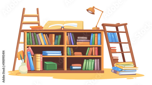 A charming, stylized illustration of a bookshelf filled with books, a reading lamp, and two ladders