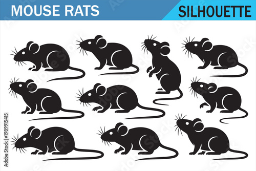 Black rodent silhouette set with mouse and rat shapes isolated on white