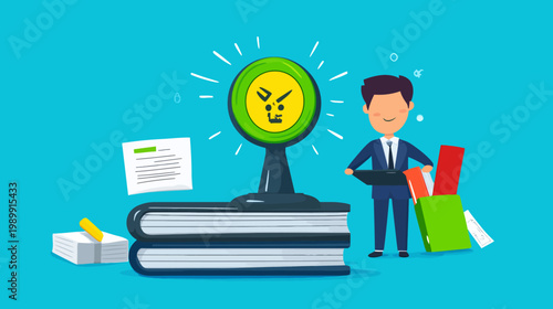 Illustration depicts a business theme with a frowning face stamp on books and a businessman
