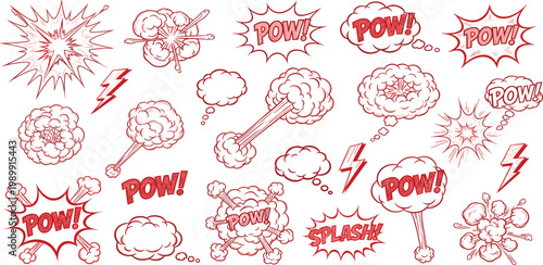 Comic Explosion Speech Bubble Set with Pow Blast Lightning Splash Smoke Cloud Effects for Pop Art Action Vector Design