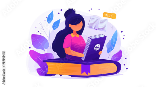 A woman reading a book with floating pages and decorative leaves. Simple illustration