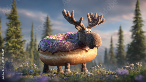 a towering, doughy monstrosity—part moose, part donut—standing in a sun-dappled forest clearing, its absurdity both majestic and unsettling. The creature's body is a massive, glazed donut, its cinnamo