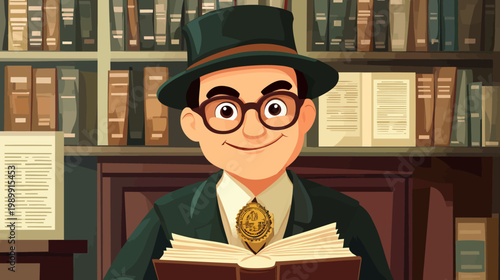 A cartoon man with hat and glasses reads a book in a library. Lots of books on shelves