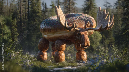 Fototapeta a towering, doughy monstrosity—part moose, part donut—standing in a sun-dappled forest clearing, its absurdity both majestic and unsettling. The creature's body is a massive, glazed donut, its cinnamo