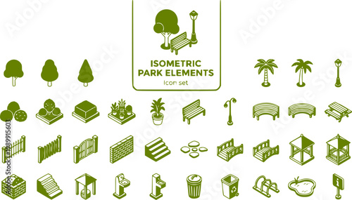 Isometric Park Elements Icon Set Garden Elements Trees Benches Streetlights Fences Urban Furniture Landscape Design Outdoor Amenities Vector Illustration