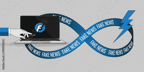 Fake News Concept Illustration with Laptop Hand Infinity Loop and Lightning Symbol Representing Online Misinformation Media Manipulation and Propaganda