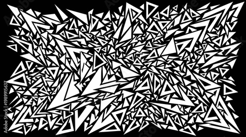 A chaotic arrangement of white geometric shapes on a black background.