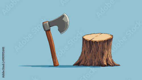 Digital illustration of an axe resting beside a tree stump against a solid light blue background