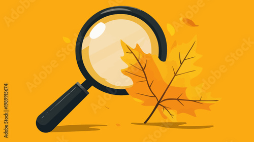 A stylized image featuring a magnifying glass examining a falling autumn leaf on a yellow background