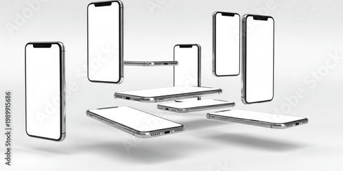 Floating Smartphone Mockup Collection with Multiple Blank Mobile Screens in Perspective Views for App Branding Presentation and UI Design