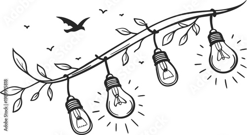 Hand drawn string lights with black ink on white background