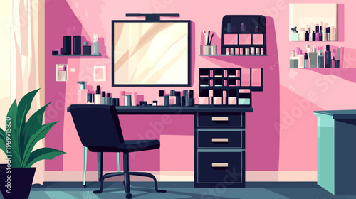 Pixelated illustration of a vanity table with mirror and supplies in a pink room