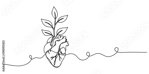 Continuous line drawing of a heart with a growing plant.