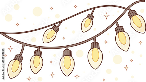 Warm glowing string lights with vintage edison bulbs against white background