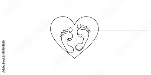 Minimal line art heart with baby footprints and horizontal line.