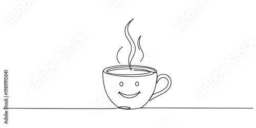 Minimalist hand-drawn smiling coffee cup with rising steam.