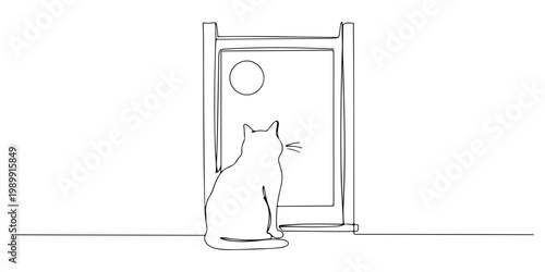 Minimal line drawing of a cat sitting by a window gazing at the sky.