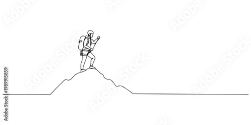 Minimalist line drawing of a hiker standing on a mountain summit.