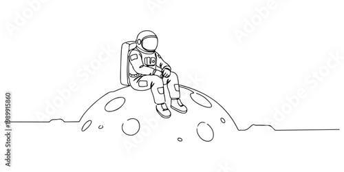 Line drawing of an astronaut sitting alone on a small moon surface.