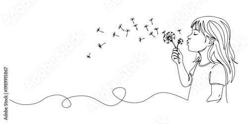 Young Girl Blowing Dandelion Seeds That Turn Into Birds.