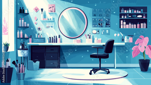 Illustration of a makeup station with a round mirror, shelves, and a chair. Contains plants and beauty products