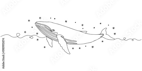 Minimal line drawing of a humpback whale swimming near the ocean surface.