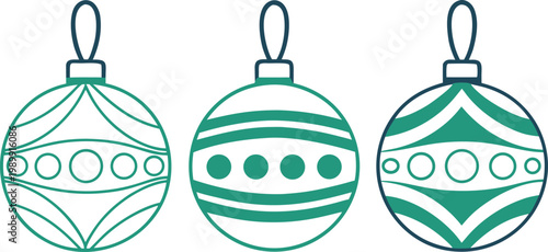 Set of three minimalist green and white christmas baubles with hanging loops