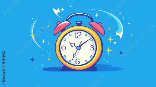 A cartoon illustration of a retro alarm clock with a starburst effect