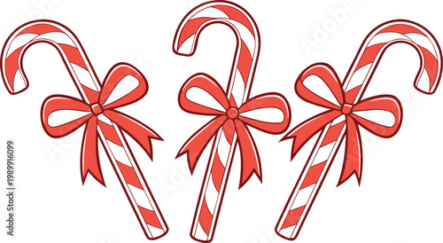 Three glossy red and white striped candy canes arranged in a bundle