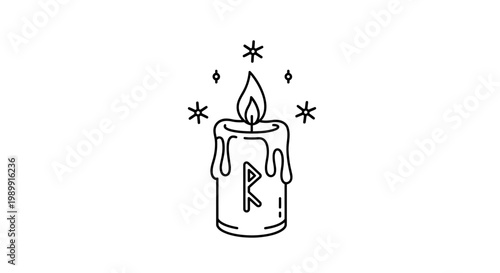 a black and white illustration of a candle with a rune on the side.