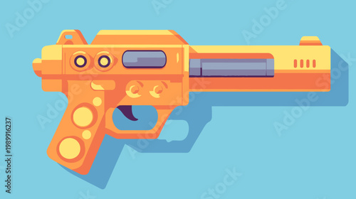 A cartoonish side view of a futuristic weapon against a light blue backdrop, with its long shadow